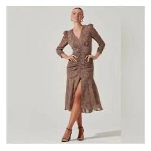 New ASTR The Label Medine Midi Dress Leopard Animal Print Draped Front Women's L